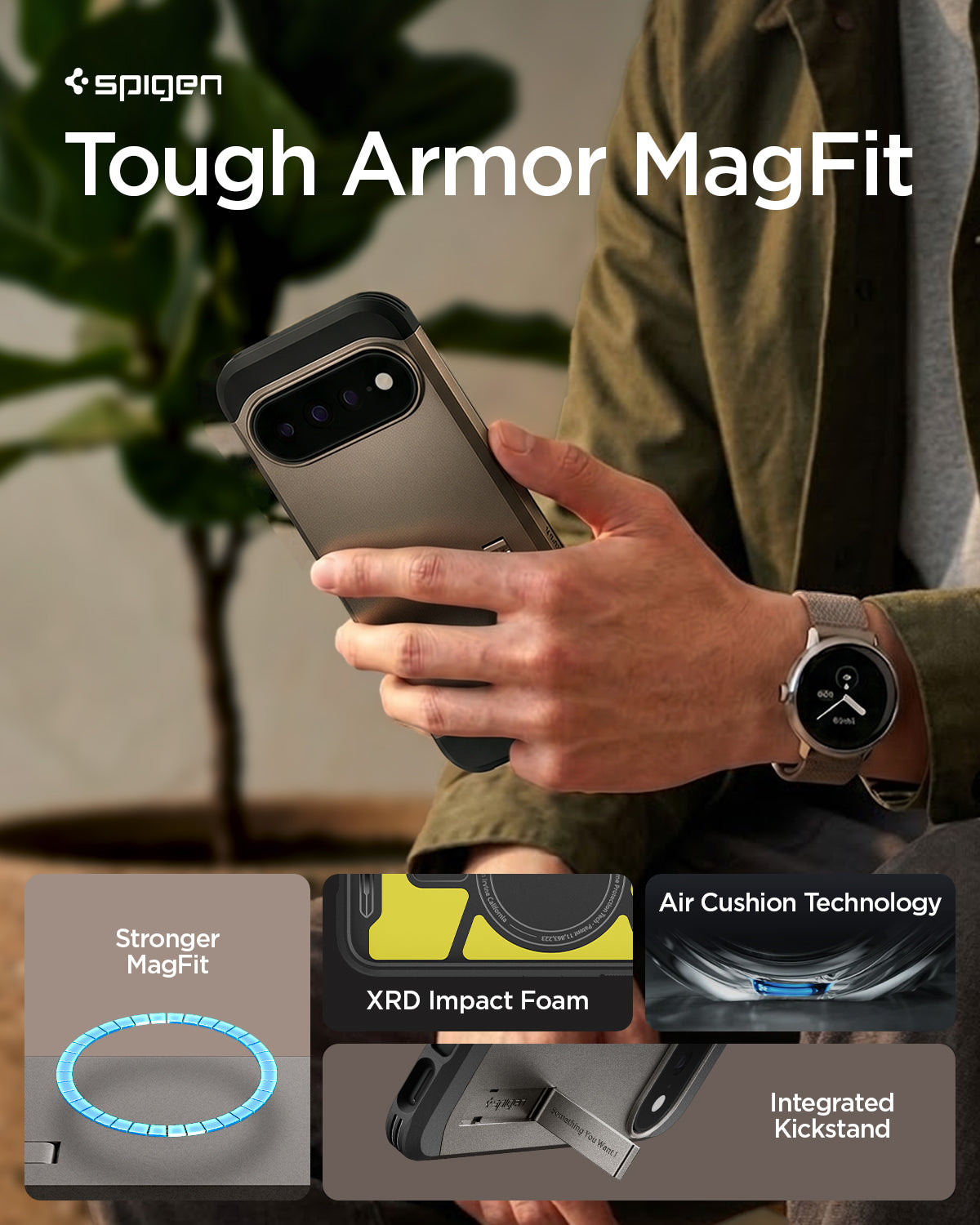 ACS11860 - Pixel 11 Pro Tough Armor (Mag Fit) Gunmetal person holding the Tough Armor MagFit case featuring a built in kickstand, Air Cushion Technology, and the built in magnetic ring.