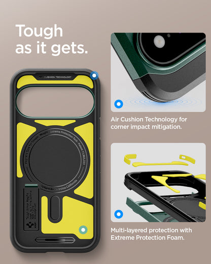 ACS11864 - Pixel 11 Pro XL Tough Armor (Mag Fit) Abyss Green interior view highlighting Air Cushion Technology, Extreme Protection Foam, and the built in magnetic ring.
