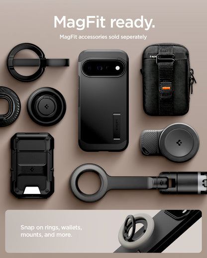 ACS11453 - Pixel 11 Pro XL Tough Armor (Mag Fit) Black case shown with compatible magnetic accessories including a ring grip, wallet, charger, and car mount.