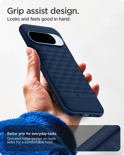 ACS09710 - Pixel 10 Pixel 10 Pro in midnight blue showing the grip assist design. Looks and feels good in hand. Better grip for everyday-tasks. Grooved ridge design on both sides for a comfortable hold