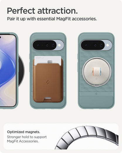 ACS09709 - Pixel 10 Pixel 10 Pro in sage green showing the perfect attraction. Pair it up with essential MagFit accessories. Optimized magnets. Stronger hold to support MagFit accessories.