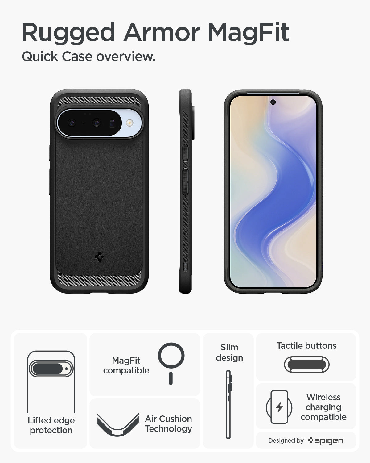 ACS09698 - Pixel 10 / Pixel 10 Pro Case Rugged Armor (MagFit) in black showing the quick case overview. Lifted edge protection, MagFit compatible, Air Cushion Technology, slim design, tactile buttons and wireless charging compatible