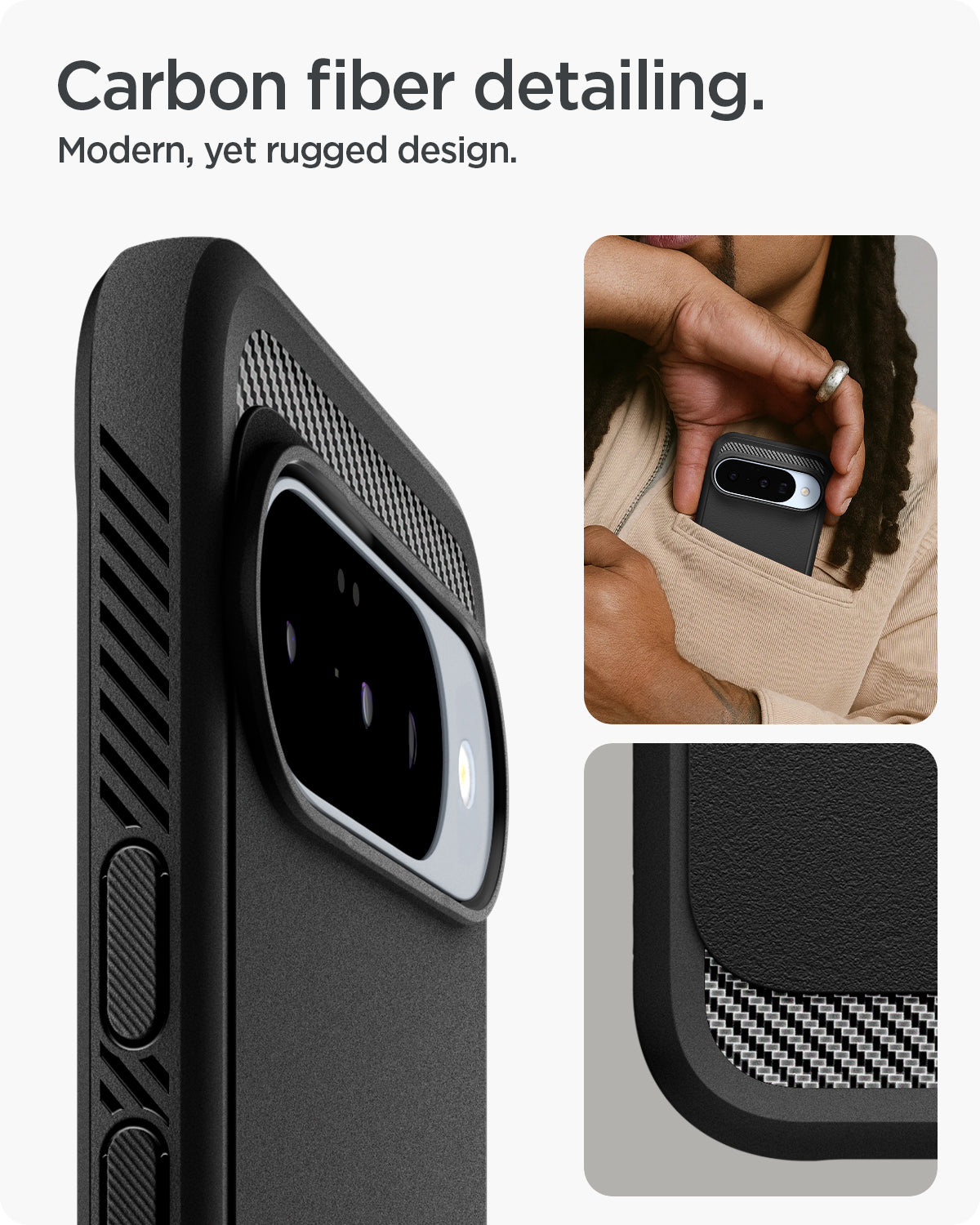 ACS09698 - Pixel 10 / Pixel 10 Pro Case Rugged Armor (MagFit) in black showing the carbon fiber detailing. Modern, yet rugged design.