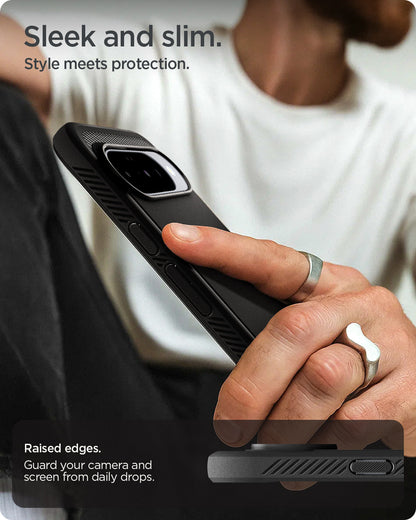 ACS09698 - Pixel 10 / Pixel 10 Pro Case Rugged Armor (MagFit) in black showing the sleek and slim design. Styles meets protection. Raised edges to guard your camera and screen from daily drops