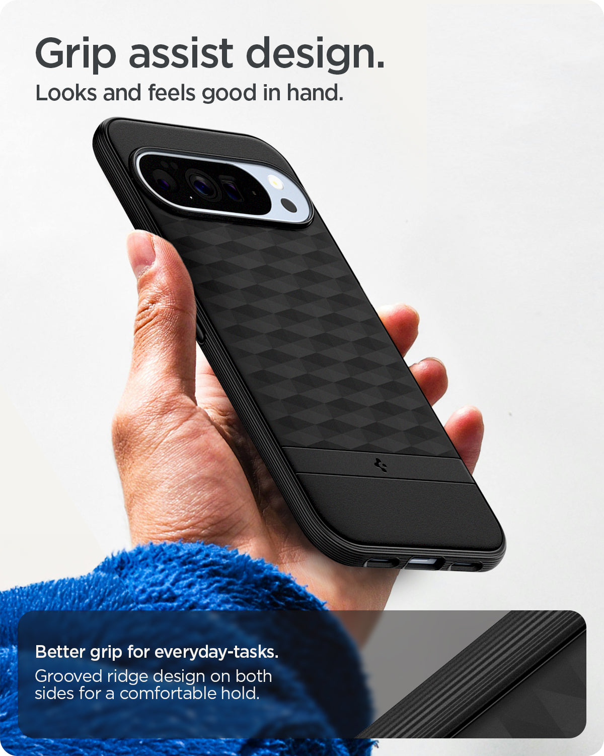 ACS09731 - Pixel 10 Pro XL Case Parallax (MagFit) in black showing the grip assist design. Looks and feels good in hand. Better grip for everyday-tasks. Grooved ridge design on both sides for a comfortable hold