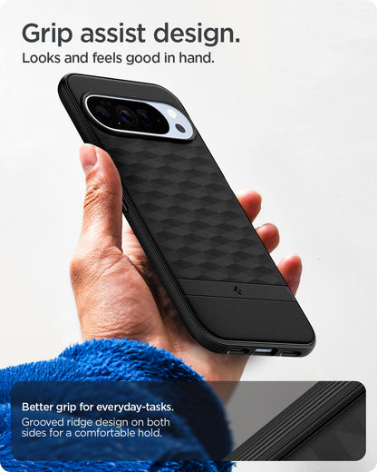 ACS09731 - Pixel 10 Pro XL Case Parallax (MagFit) in black showing the grip assist design. Looks and feels good in hand. Better grip for everyday-tasks. Grooved ridge design on both sides for a comfortable hold