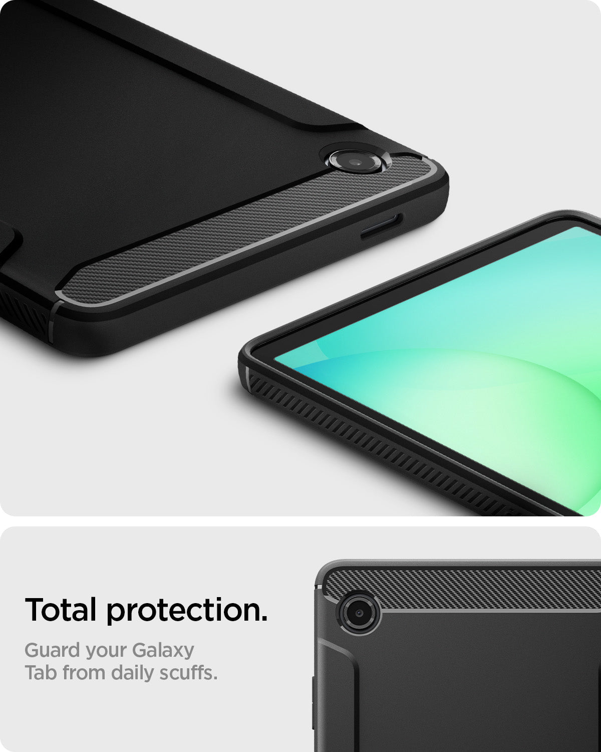 ACS10462 - Galaxy Tab A11 Rugged Armor in Matte Black showing total protection. guard your galaxy tab from daily scuffs