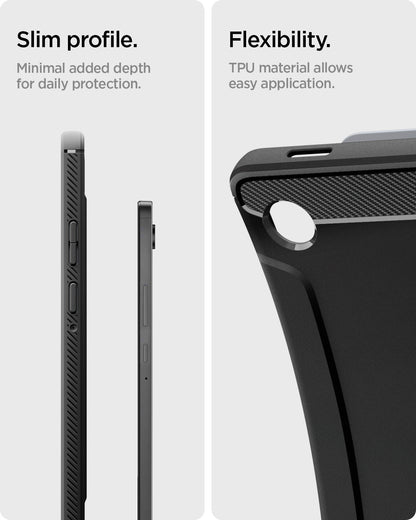 ACS10462 - Galaxy Tab A11 Rugged Armor in Matte Black showing slim profile. minimal added depth for daily protection. flexibility. TPU material allows easy application
