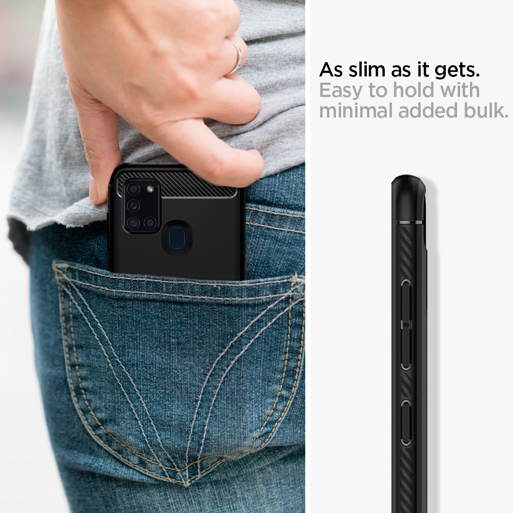 ACS00974 - Galaxy A21s Case Rugged Armor in Matte Black showing how slimmer as it gets. Easy to hold with minimal added bulk