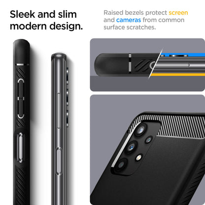 ACS03046 - Galaxy A32 5G Case Rugged Armor in Matte Black showing the sleek and slim modern design. Raised bezels protect screen and cameras from common surface scratches