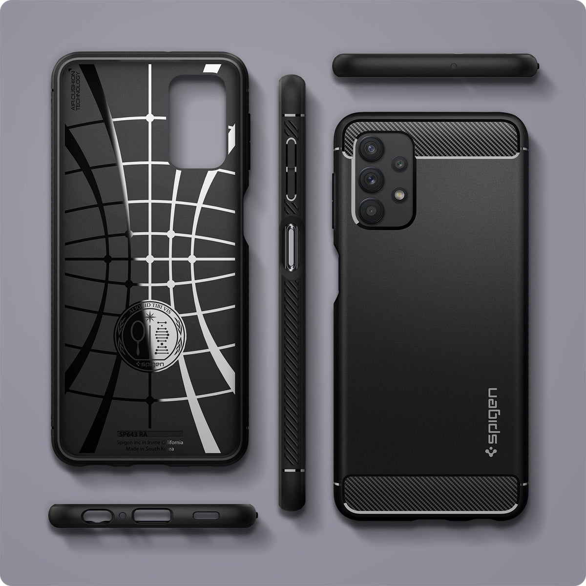 ACS03046 - Galaxy A32 5G Case Rugged Armor in Matte Black showing the back, inner, side, top and bottom