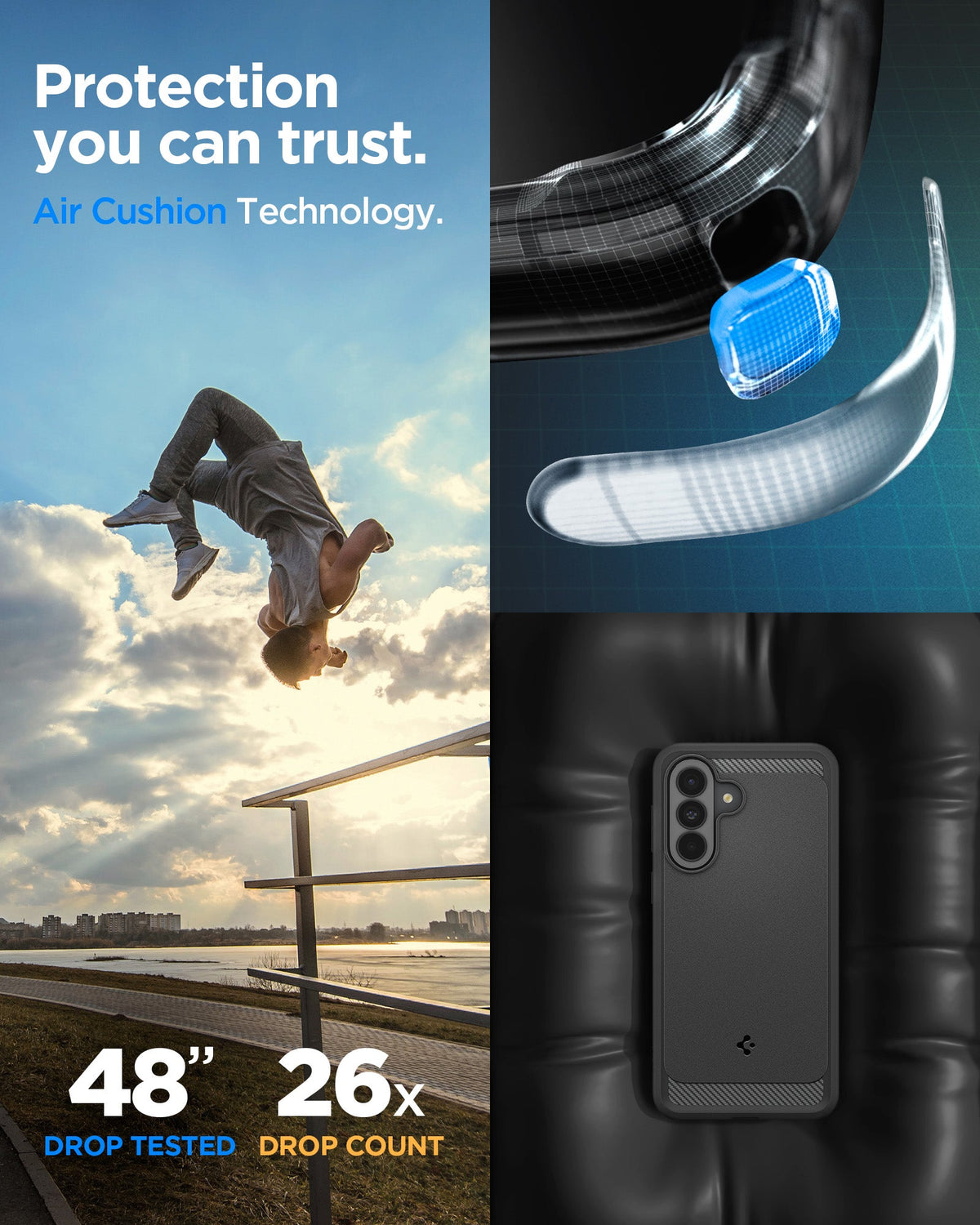 ACS09795 - Spigen Rugged Armor Galaxy A37 5G case with Air Cushion Technology corner detail - 48 inch drop tested, 26x drop count