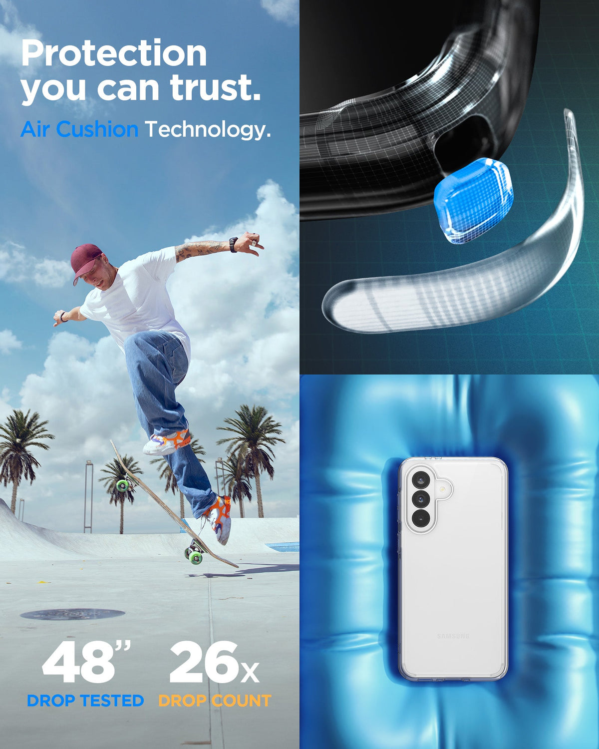 ACS11133 - Spigen Ultra Hybrid Galaxy A37 5G case in Crystal Clear with Air Cushion Technology corner detail - 48 inch drop tested, 26x drop count