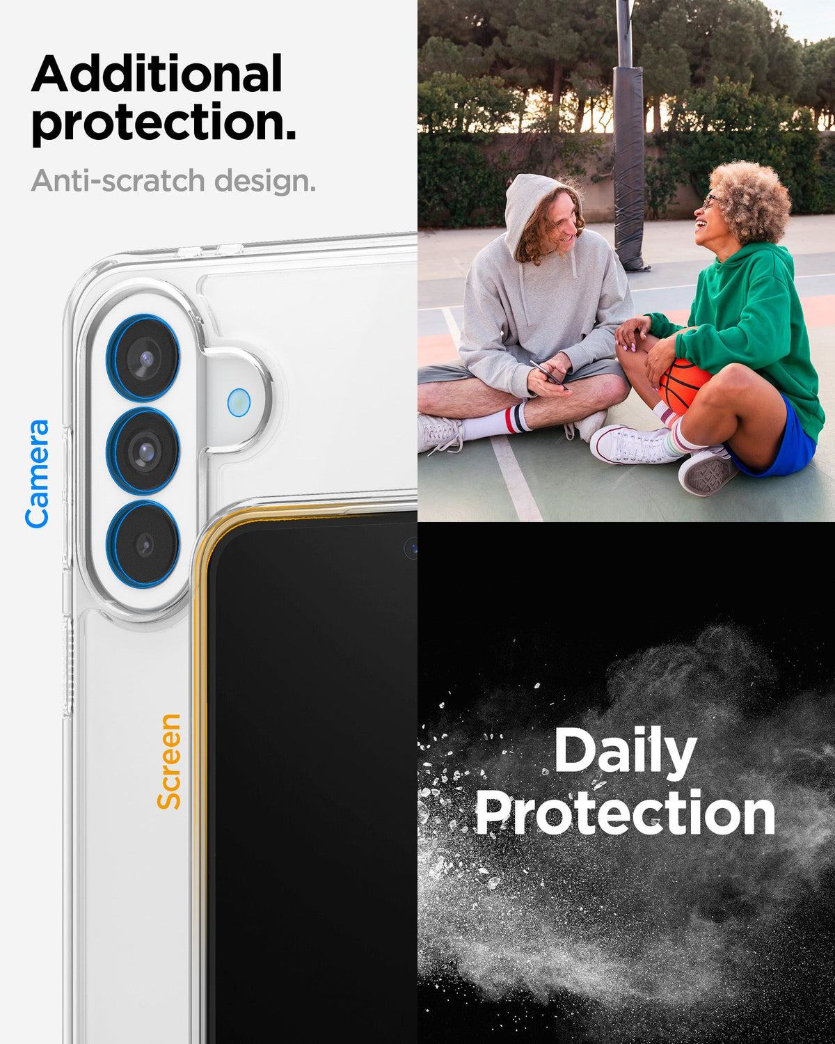 ACS11133 - Spigen Ultra Hybrid Galaxy A37 5G case in Crystal Clear showing raised camera and screen lip protection with anti-scratch design callouts