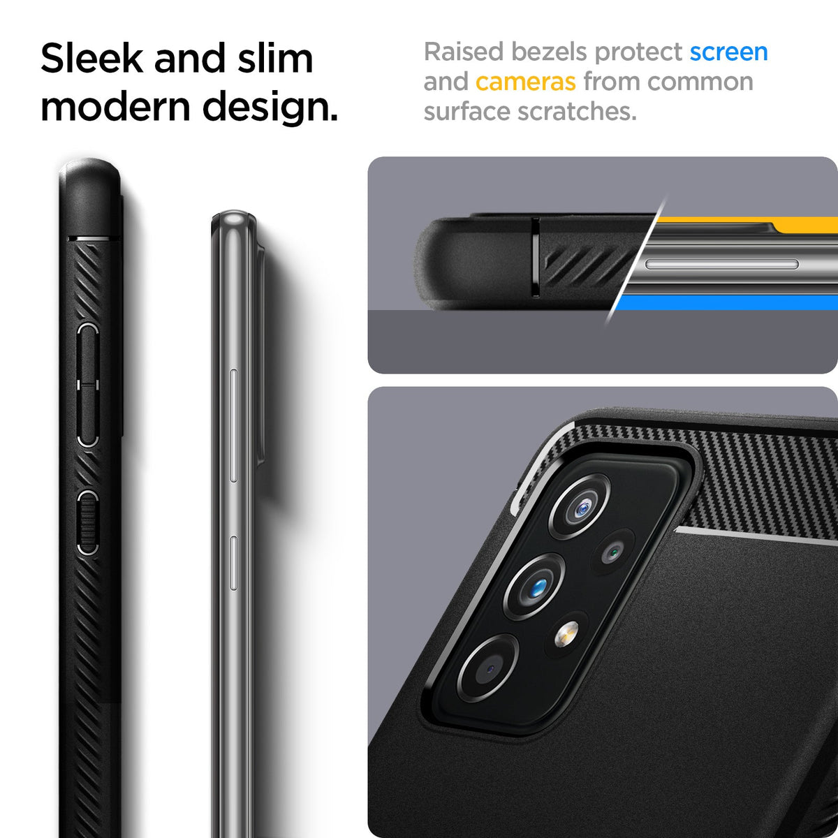 ACS02315 - Galaxy A52 Case Rugged Armor in Matte Black showing the sleek and slim modern design. Raised bezels protect screen and cameras from common surface scratches