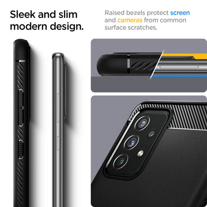 ACS02324 - Galaxy A72 Case Rugged Armor in Matte Black showing the sleek and slim modern design. Raised bezels protect screen and cameras from common surface scratches