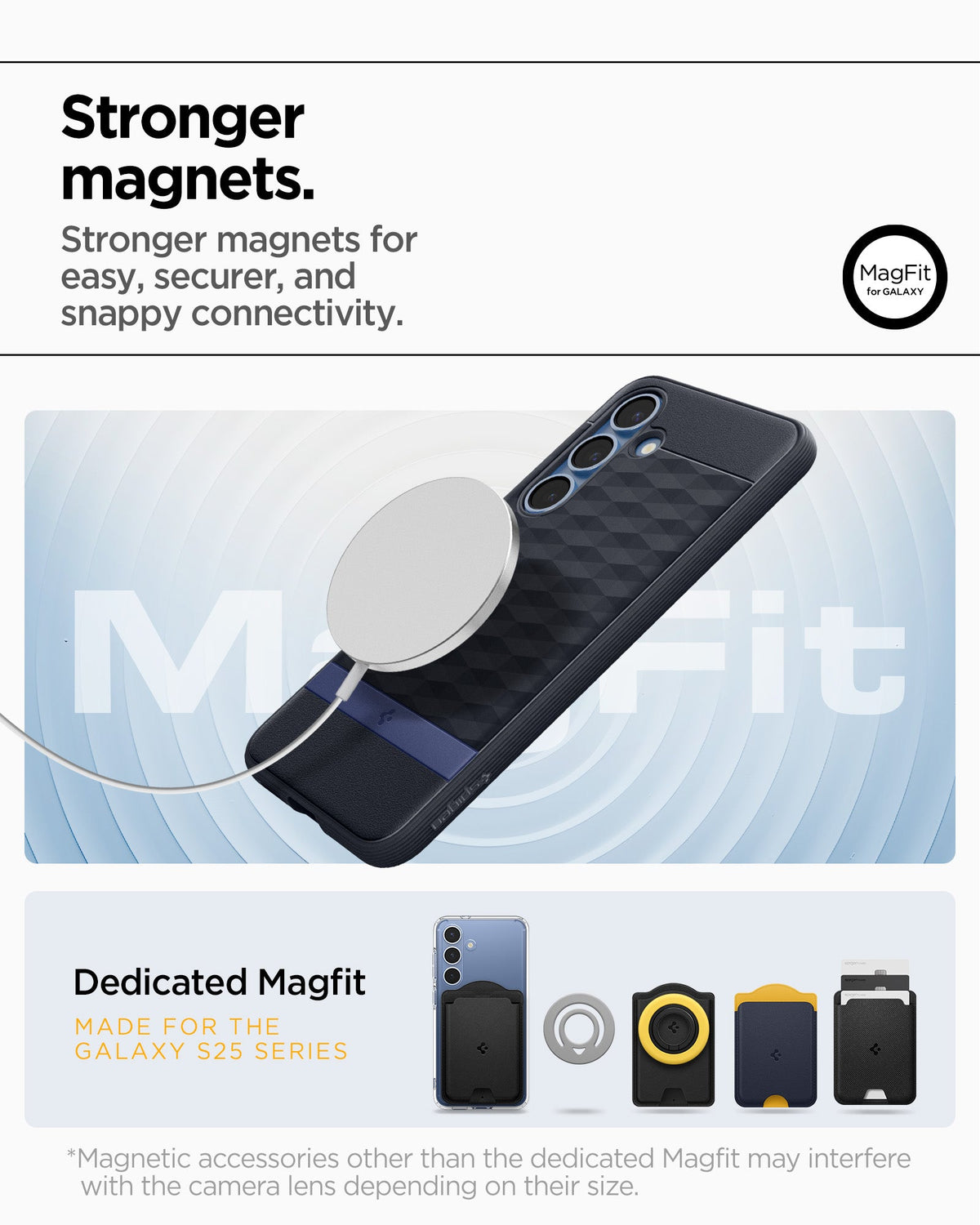 ACS09061 - Galaxy S25 Plus Case Parallax (MagFit) in Navy Violet showing the stronger magnets for easy, securer, and snappy connectivity. Dedicated Magfit made for galaxy S25 series. *Magnetic accessories other than the dedicated Magfit may interfere with the camera lens depending on their size