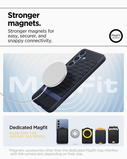 ACS09061 - Galaxy S25 Plus Case Parallax (MagFit) in Navy Violet showing the stronger magnets for easy, securer, and snappy connectivity. Dedicated Magfit made for galaxy S25 series. *Magnetic accessories other than the dedicated Magfit may interfere with the camera lens depending on their size