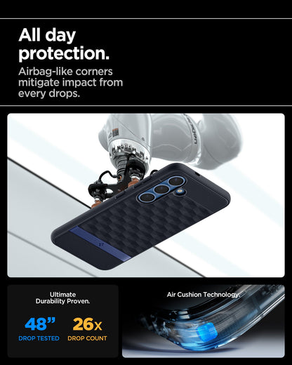 ACS09061 - Galaxy S25 Plus Case Parallax (MagFit) in Navy Violet showing the all day protection. Airbag-like corners mitigate impact from drops. Ultimate durability proven. 48" drop tested and 26X drop count