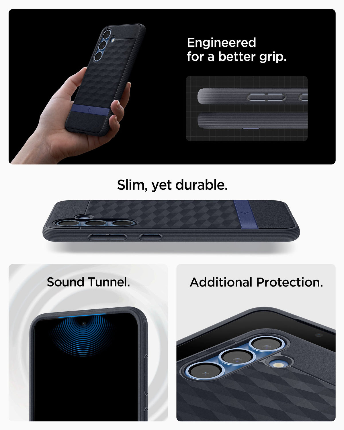 ACS09061 - Galaxy S25 Plus Case Parallax (MagFit) in Navy Violet showing how it is engineered for a better grip. Slim, yet durable. Sound Tunnel and Additional Protection