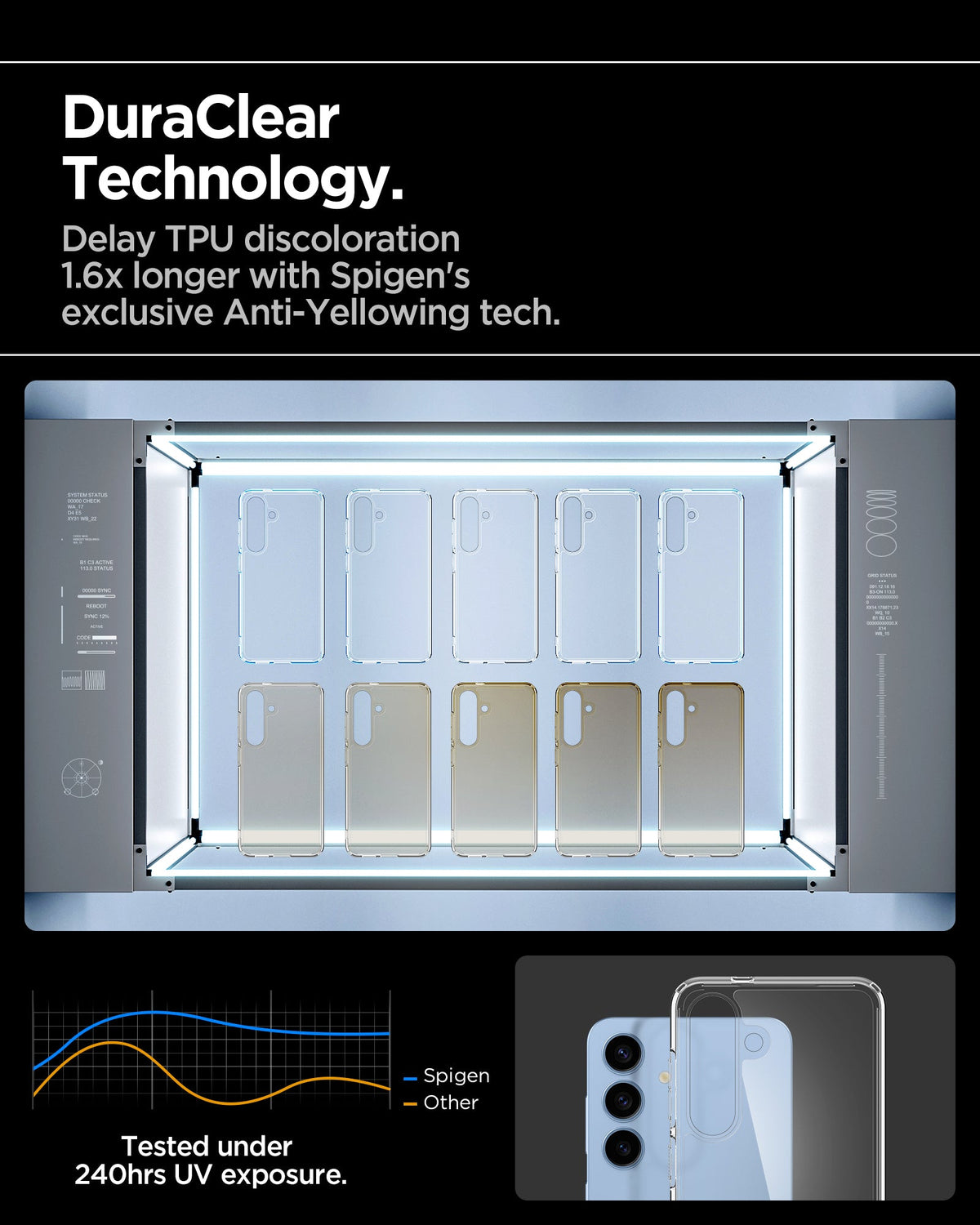 ACS08985 - Galaxy S25 Plus Case Ultra Hybrid in Crystal Clear showing the DuraClear Technology. Delay TPU discoloration 1.6x longer with Spigen's exclusive Anti-Yellowing tech