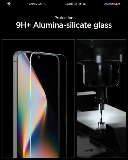 AGL10202 - Galaxy S25 FE GLAS.tR EZ Fit Pro showing the 9H+ Alumina-silicate glass