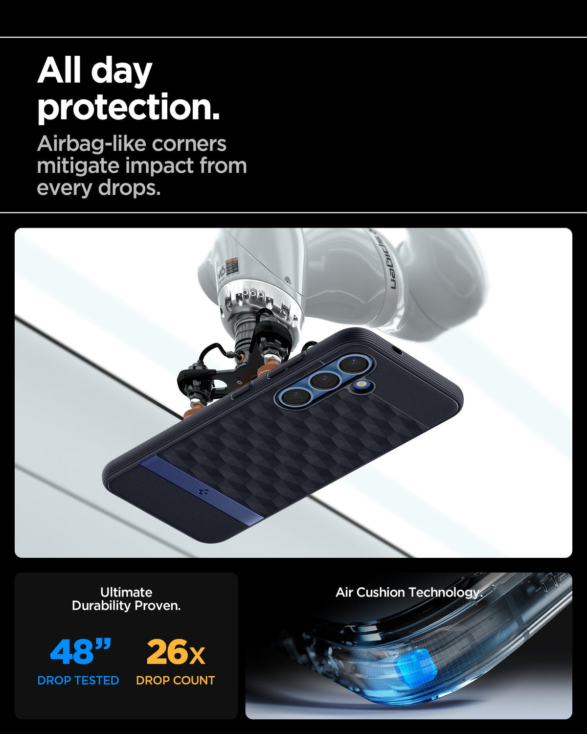 ACS09064 - Galaxy S25 Case Parallax (MagFit) in Navy Violet showing the all day protection. Airbag-like corners mitigate impact from drops. Ultimate durability proven. 48" drop tested and 26X drop count