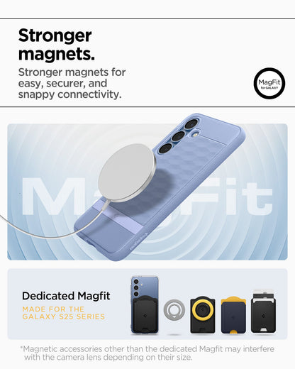 ACS09062 - Galaxy S25 Case Parallax (MagFit) in Purple-ish showing the stronger magnets for easy, securer, and snappy connectivity. Dedicated Magfit made for galaxy S25 series. *Magnetic accessories other than the dedicated Magfit may interfere with the camera lens depending on their size