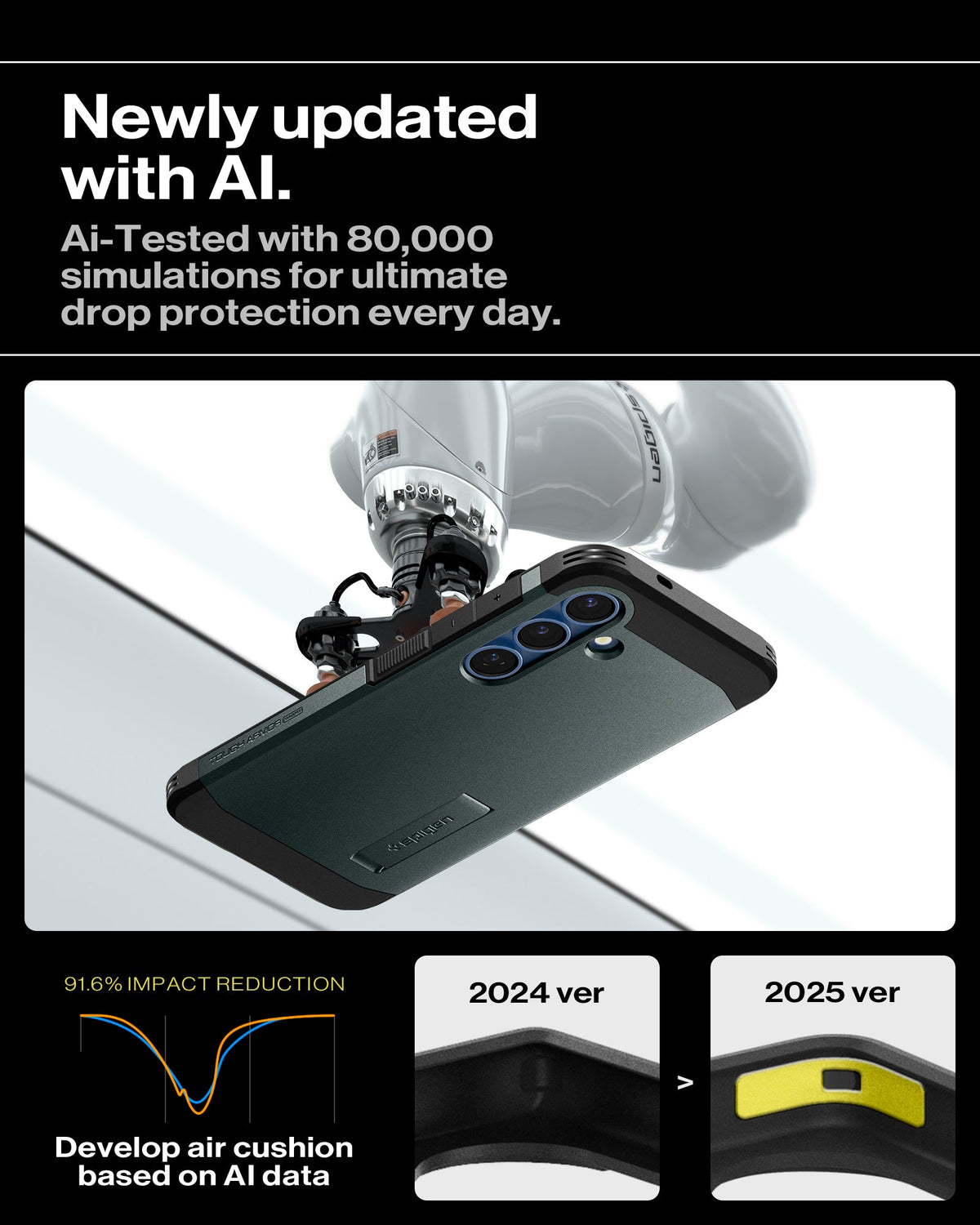 ACS09010 - Galaxy S25 Case Tough Armor AI (MagFit) in Abyss Green showing the newly updated with AI. Ai-Tested with 80,000 simulations for ultimate drop protection everyday. Develop air cushion based on AI data