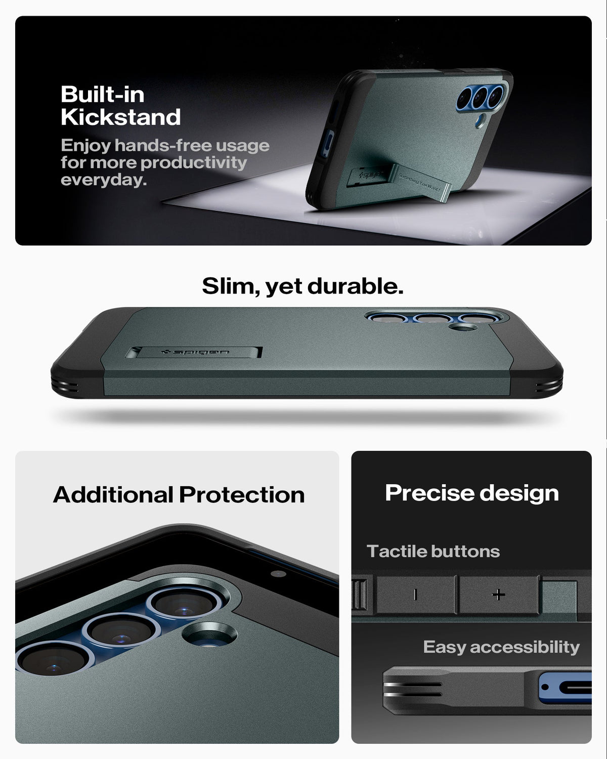ACS09010 - Galaxy S25 Case Tough Armor AI (MagFit) in Abyss Green showing the built-in kickstand. Enjoy hands-free usage for more productivity everyday. Slim, yet durable. Additional Protection, Precise design and easy accessibility