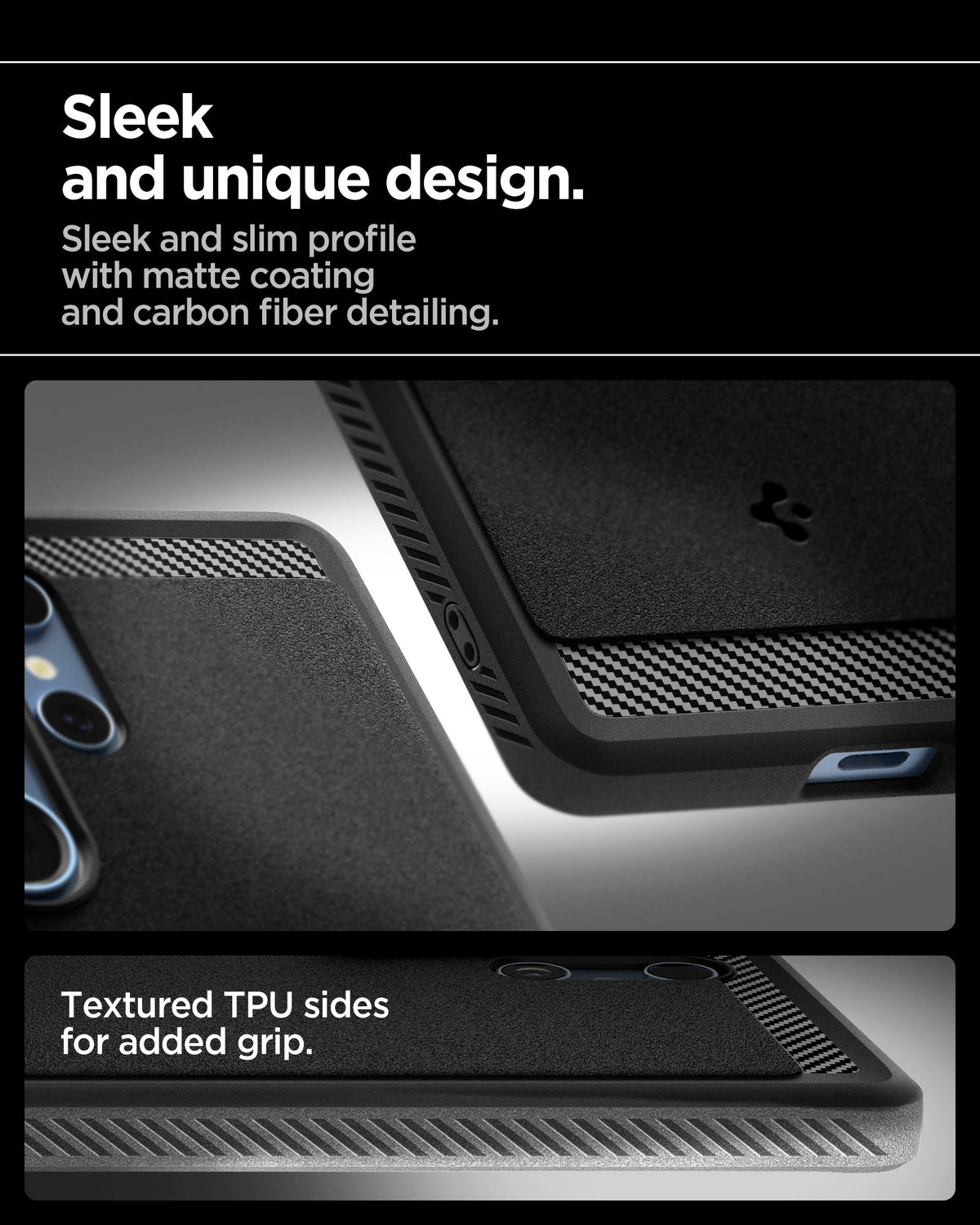 ACS08951 - Galaxy S25 Ultra Case Rugged Armor (MagFit) in Matte Black sleek and unique design. sleek and slim profile with matte coating and carbon fiber detailing. textured tpu sides for added grip.