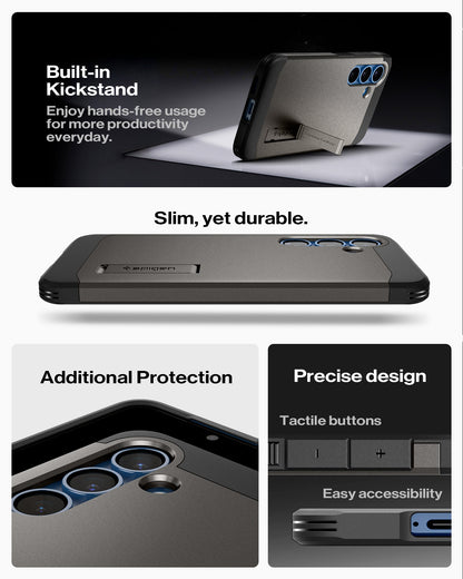 ACS09009 - Galaxy S25 Case Tough Armor AI (MagFit) in Gunmetal showing the built-in kickstand. Enjoy hands-free usage for more productivity everyday. Slim, yet durable. Additional Protection, Precise design and easy accessibility