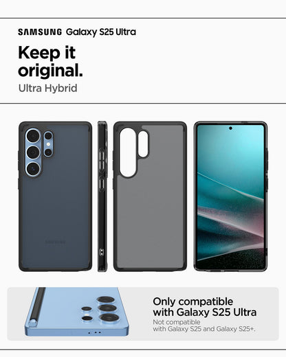 ACS08962 - Galaxy S25 Ultra Case Ultra Hybrid in Frost Black showing the compatibility. Only compatible with Galaxy S25 Ultra and Not compatible with Galaxy S25 and Galaxy S25+