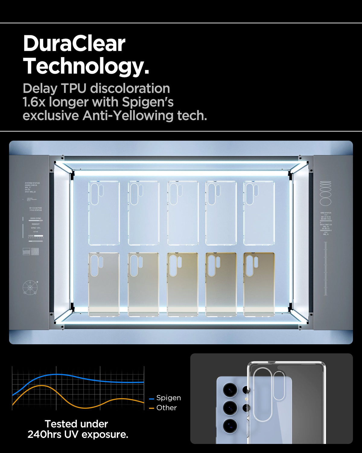 ACS08961 - Galaxy S25 Ultra Case Ultra Hybrid in Crystal Clear showing the DuraClear Technology. Delay TPU discoloration 1.6x longer with Spigen's exclusive Anti-Yellowing tech