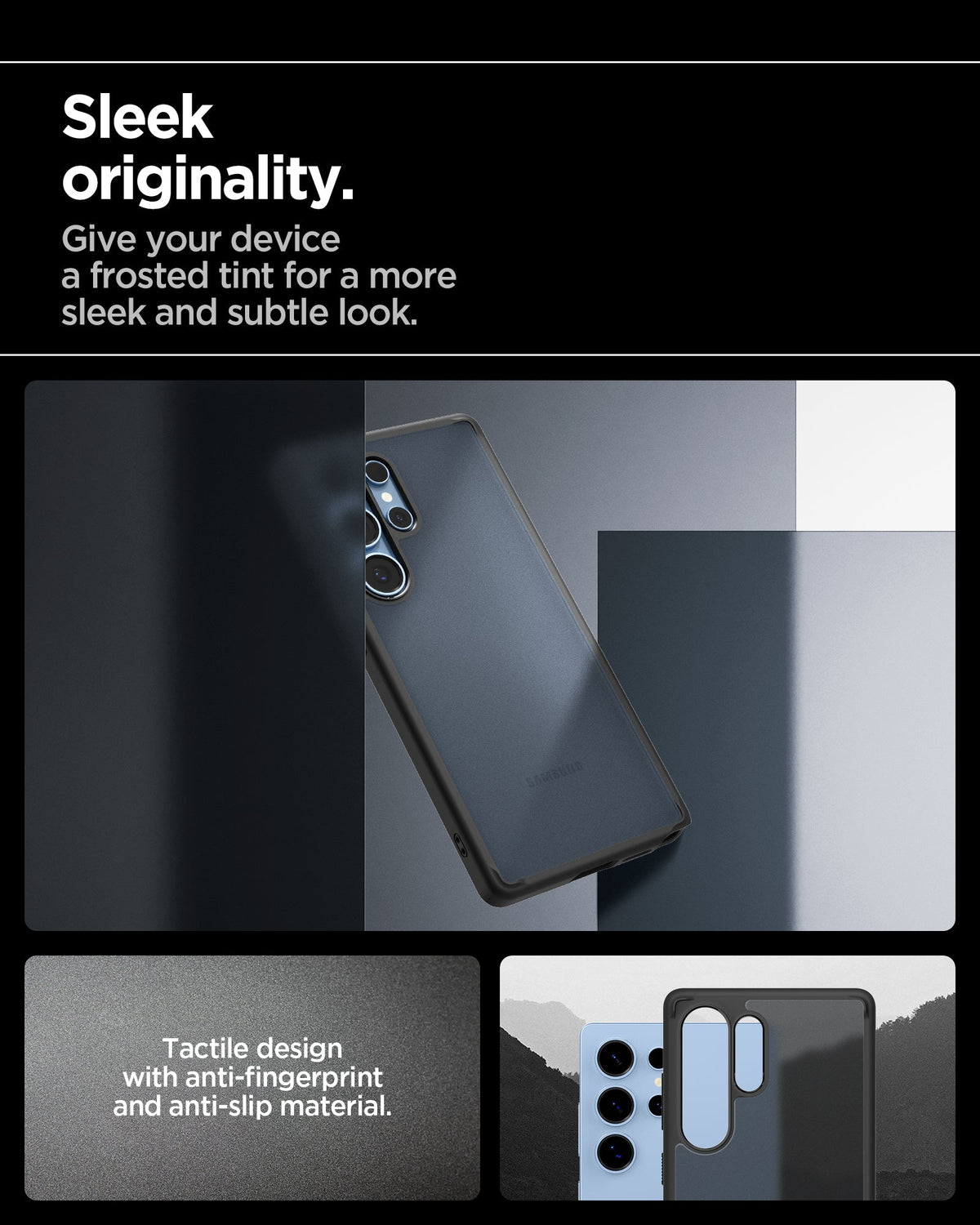 ACS08962 - Galaxy S25 Ultra Case Ultra Hybrid in Frost Black showing the sleek originality. Give your device a frosted tint for a more sleek and subtle look. Tactile design with anti-fingerprint and anti-slip material