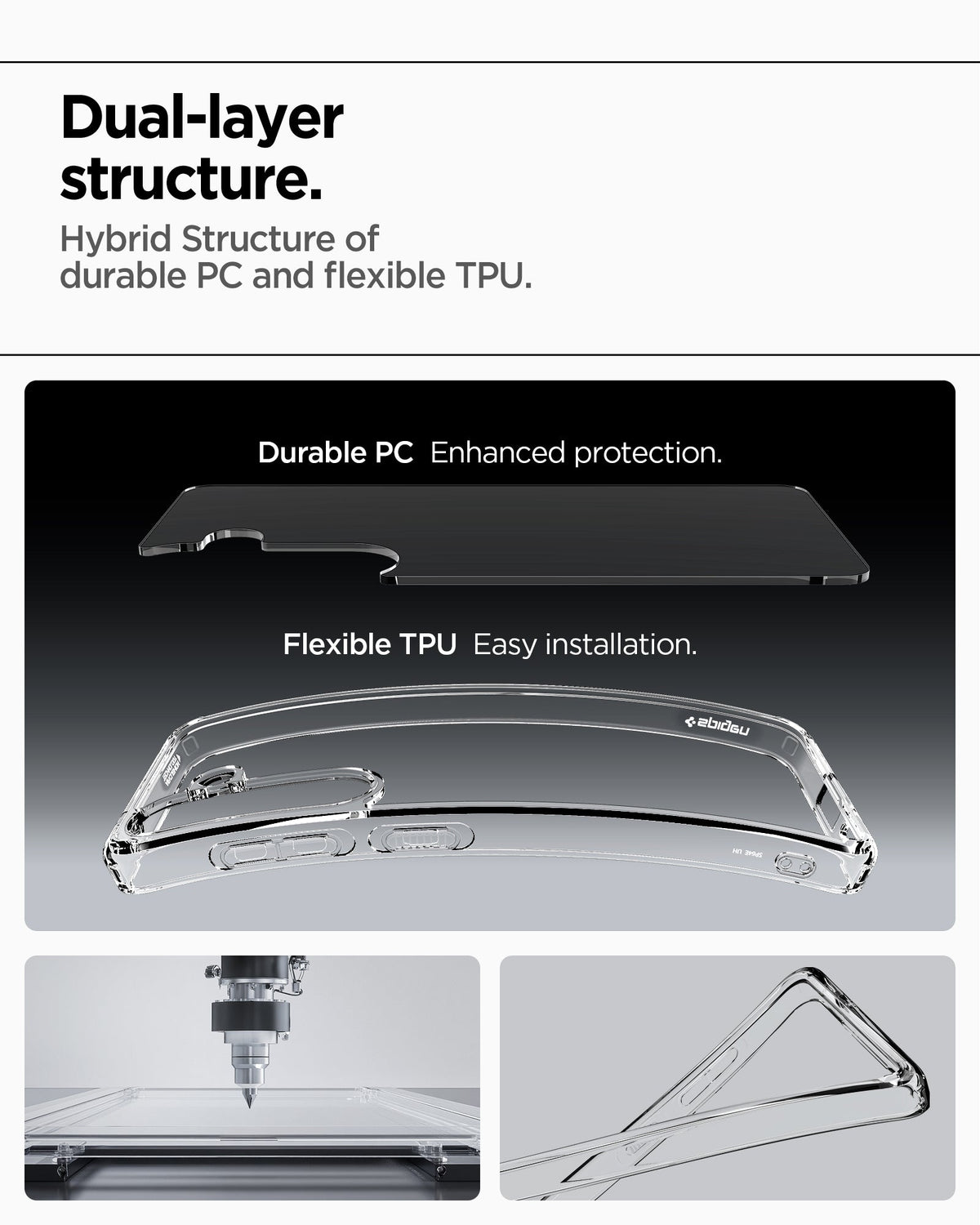 ACS09006 - Galaxy S25 Case Ultra Hybrid in Crystal Clear showing the dual-layer structure. Hybrid Structure of durable PC and flexible TPU. Durable PC Enhanced protection. Flexible TPU Easy installation