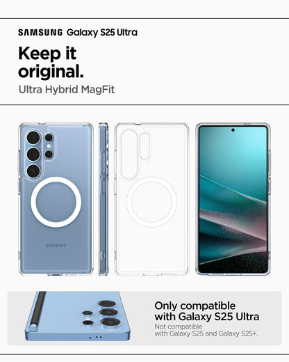 ACS08956 - Galaxy S25 Ultra Case Ultra Hybrid Metal Ring (MagFit) in Clear White showing the compatibility. Only compatible with Galaxy S25 Ultra Not compatible with Galaxy S25 and Galaxy S25+
