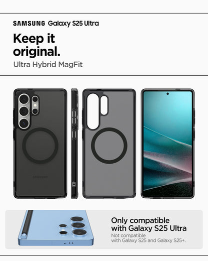 ACS08960 - Galaxy S25 Ultra Case Ultra Hybrid Metal Ring (MagFit) in Frost Black showing the compatibility. Only compatible with Galaxy S25 Ultra Not compatible with Galaxy S25 and Galaxy S25+