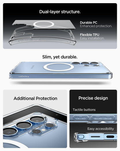 ACS08956 - Galaxy S25 Ultra Case Ultra Hybrid Metal Ring (MagFit) in Clear White showing the dual-layer structure. Made with durable PC enhanced protection and Flexible TPU easy installation. Slim, yet durable with additional protection. Precise design. tactile buttons and easy accessibility