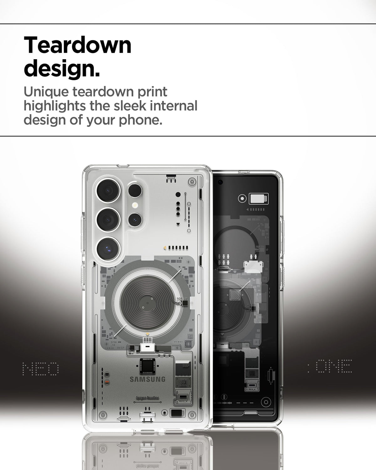 ACS08959 - Galaxy S25 Ultra Case Ultra Hybrid Metal Ring Neo One (MagFit) in Neo One teardown deign. unique teardown print highlights the sleek internal highlights the sleek internal design of your phone