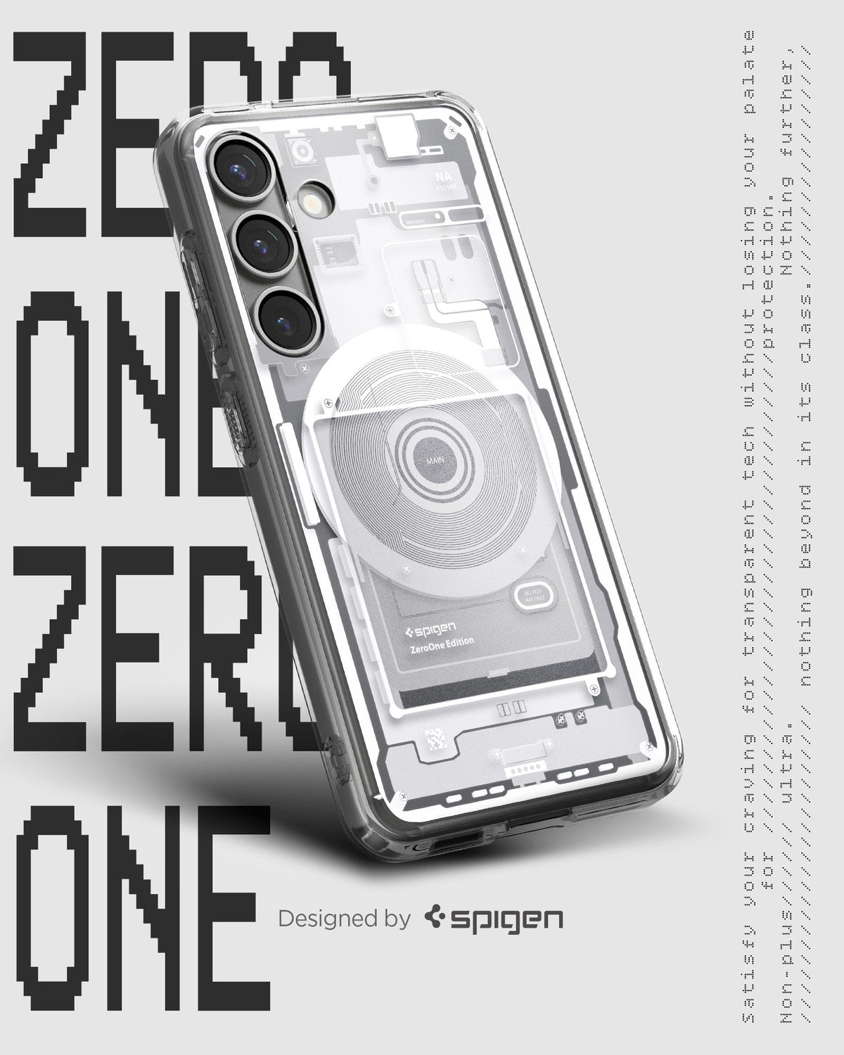 ACS09004 - Galaxy S25 Case Ultra Hybrid Metal Ring Zero One (MagFit) in Zero One White showing the back, partial side and bottom