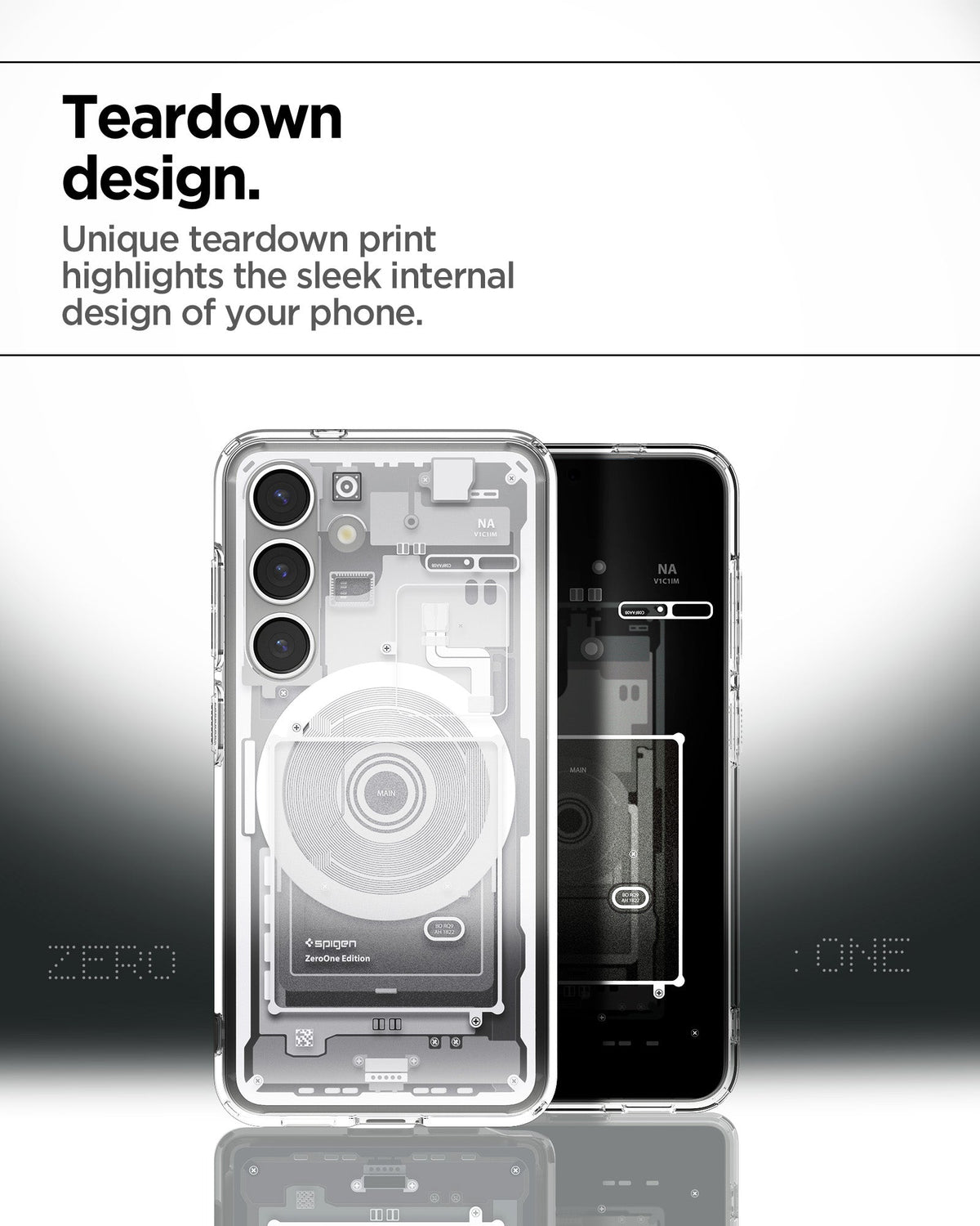 ACS09004 - Galaxy S25 Case Ultra Hybrid Metal Ring Zero One (MagFit) in Zero One White showing the teardown design. Unique teardown print highlights the sleek internal design of your phone
