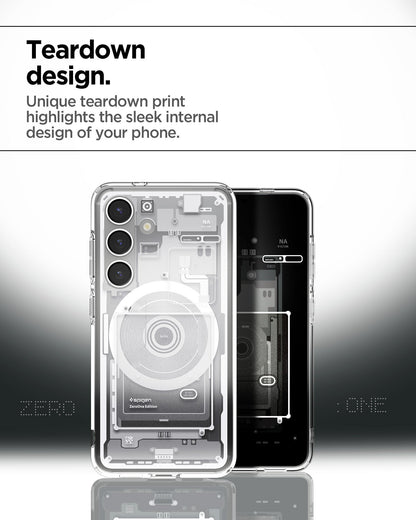 ACS09004 - Galaxy S25 Case Ultra Hybrid Metal Ring Zero One (MagFit) in Zero One White showing the teardown design. Unique teardown print highlights the sleek internal design of your phone