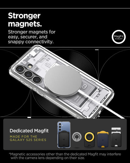 ACS09004 - Galaxy S25 Case Ultra Hybrid Metal Ring Zero One (MagFit) in Zero One White showing the stronger magnets. Stronger magnets for easy, securer, and snappy connectivity. Magnetic accessories other than the dedicated Magfit may interfere with the camera lens depending on their size