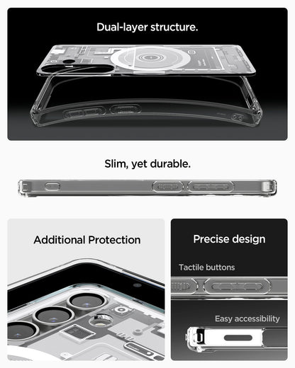 ACS09004 - Galaxy S25 Case Ultra Hybrid Metal Ring Zero One (MagFit) in Zero One White showing the dual-layer structure. Slim, yet durable. Additional protection. Precise design with tactile buttons and easy accessibility