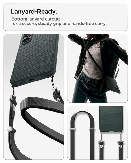 ACS11045 - Galaxy S26 Plus Liquid Air (Mag Fit) in Abyss Green showing lanyard ready. Bottom lanyard cutouts for a secure steady grip and hands free carry