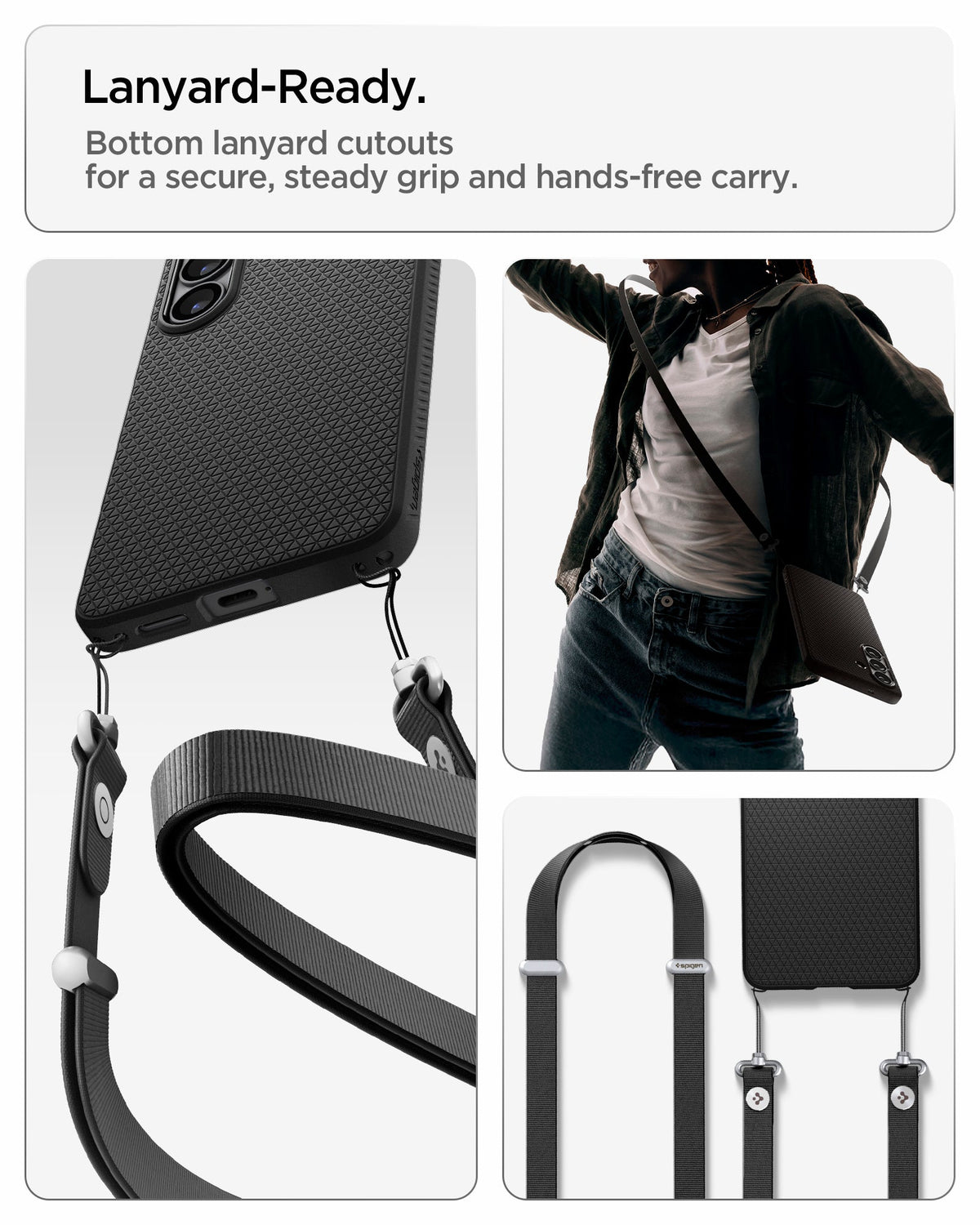 ACS11054 - Galaxy S26 Liquid Air in Matte Black showing lanyard ready. Bottom lanyard cutouts for a secure steady grip and hands free carry