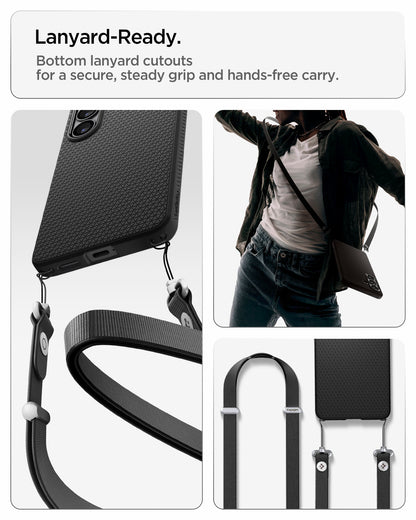 ACS11054 - Galaxy S26 Liquid Air in Matte Black showing lanyard ready. Bottom lanyard cutouts for a secure steady grip and hands free carry