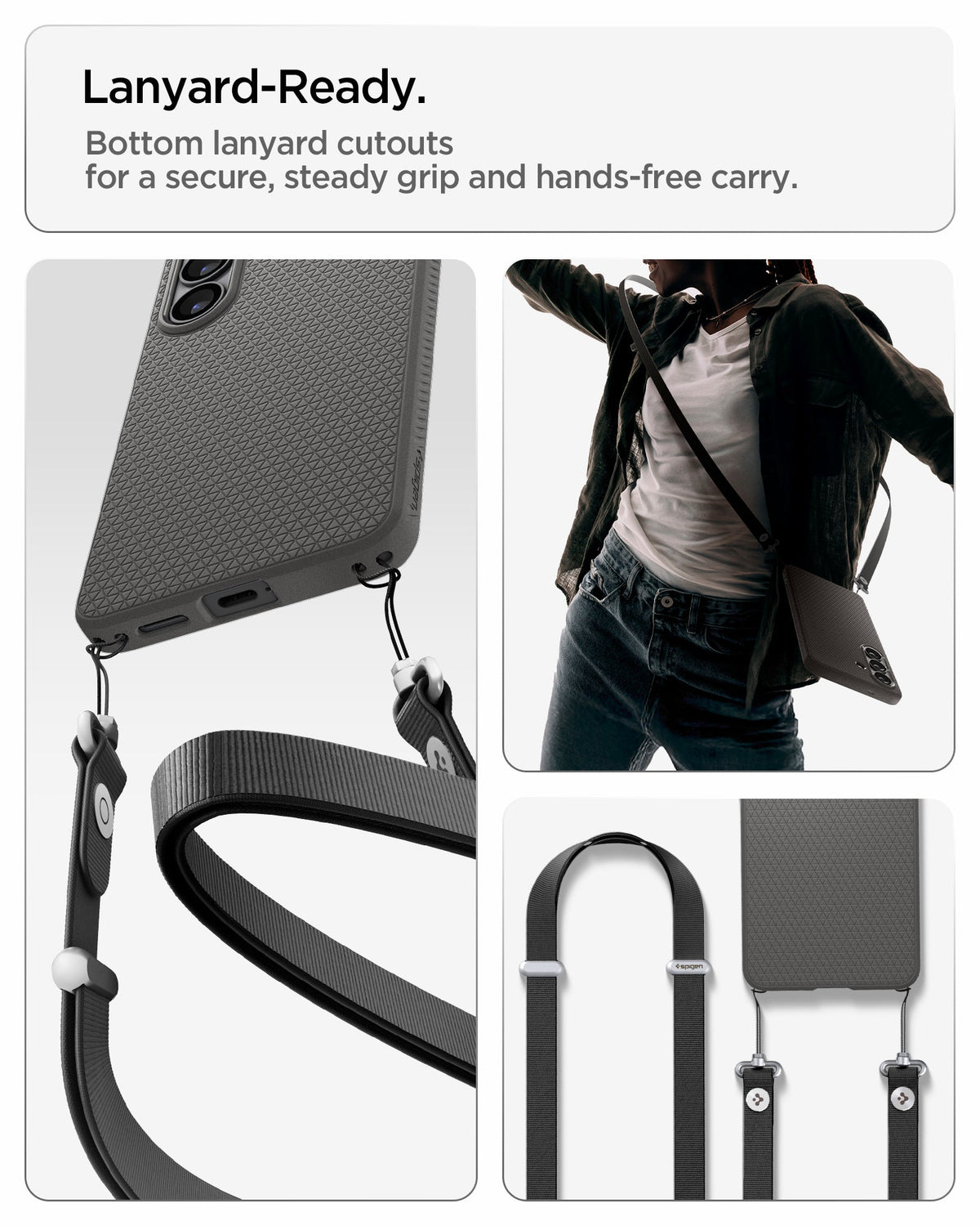 ACS11216 - Galaxy S26 Liquid Air in Marble Gray showing lanyard ready. Bottom lanyard cutouts for a secure steady grip and hands free carry