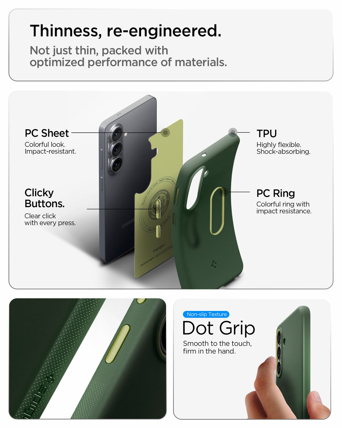 ACS11067 - Galaxy S26 Nano Pop (Mag Fit) in Avo Green showing thinness re-engineered. not just thin packed with optimized performance of materials